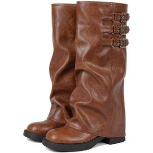 Women's Brown Fall Slouchy Fold Over Tall Boots Motorcycle Zipper Fashion Buckle
